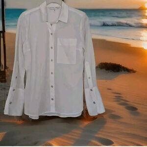 TRINA TURK Long-Sleeve Collar Button-up Blouse Wide Cuff, Off-White Sm NWOT